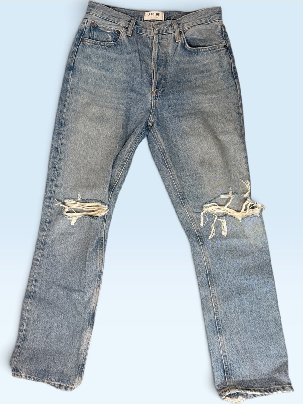 Agolde Light Blue Distressed Straight-Leg Jeans